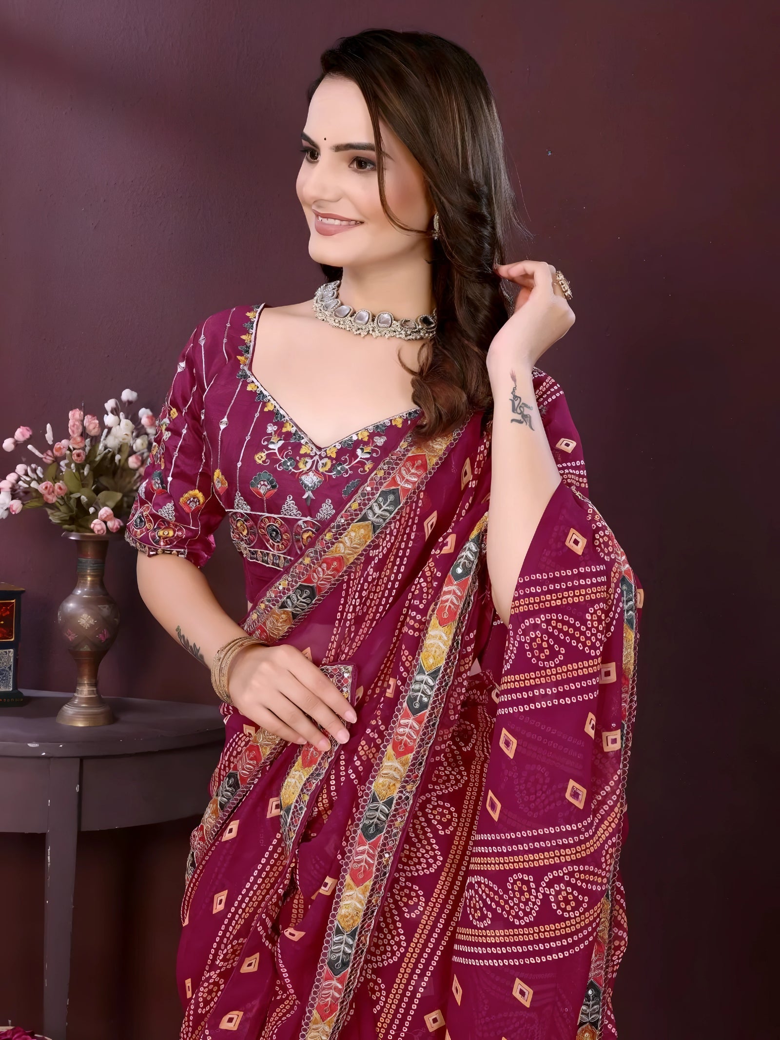 Wine Digital Print with Embroidery Work Georgette Saree