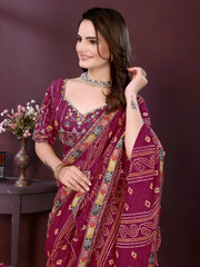 Wine Digital Print with Embroidery Work Georgette Saree