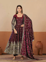 Wine Embroidered Codding Suit Anarkali model front view full length KU267