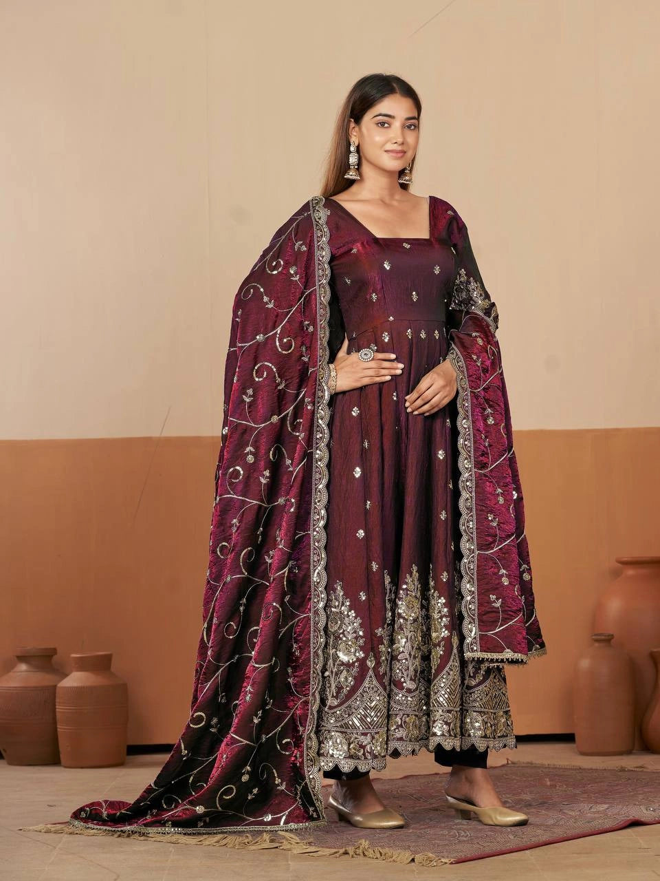 Wine Anarkali Silk Blend Suit model three quarter view with dupatta KU267