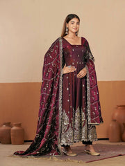 Wine Anarkali Silk Blend Suit model three quarter view with dupatta KU267
