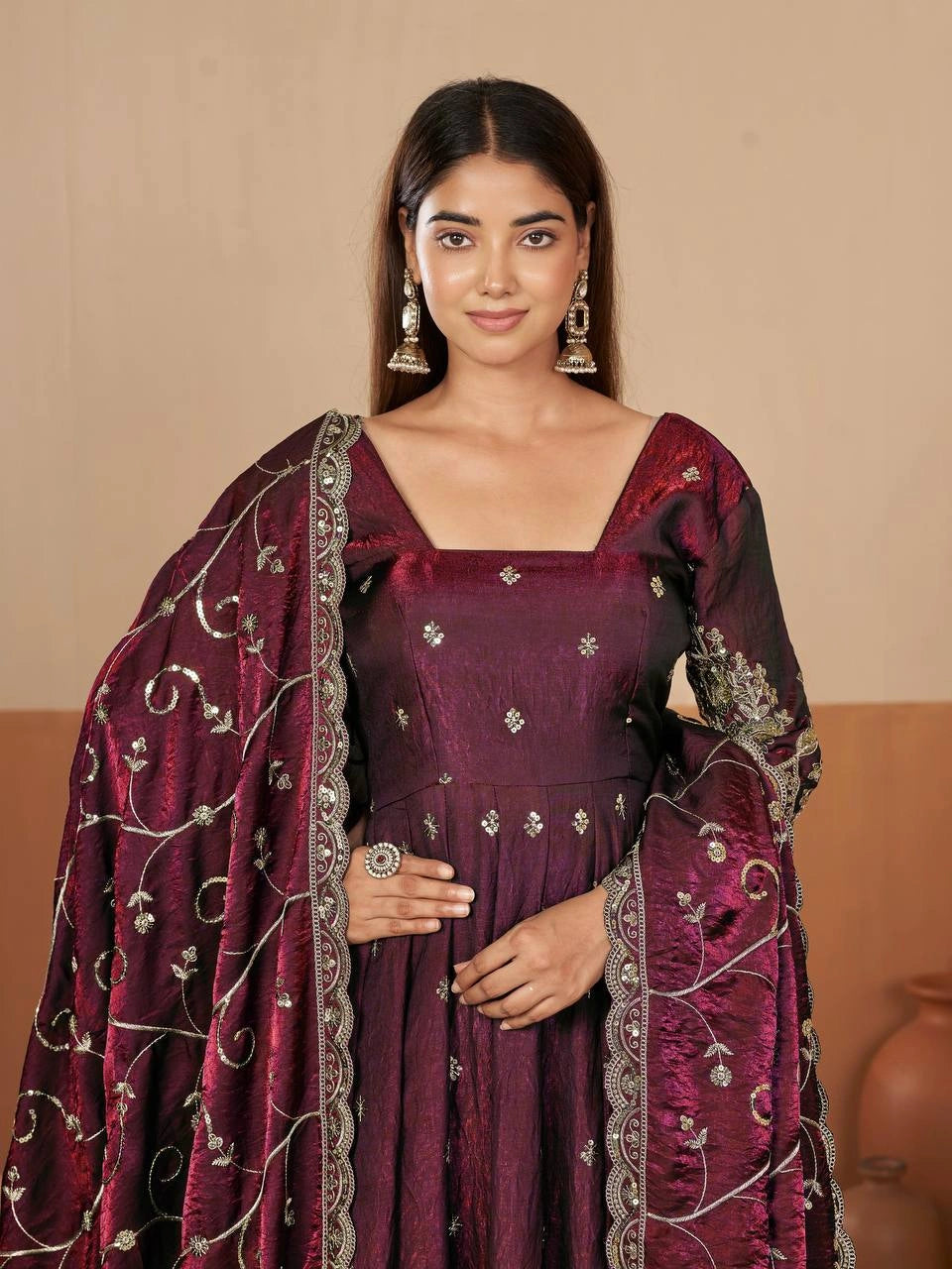 Wine Embroidered Suit codding sequins hem sleeve detail KU267