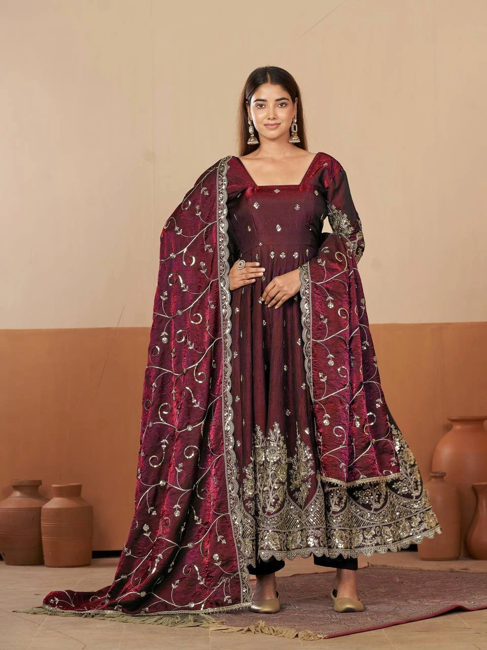 Wine Anarkali Suit back view open dori tie-up neckline KU267