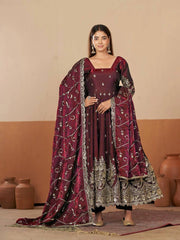 Wine Anarkali Suit back view open dori tie-up neckline KU267
