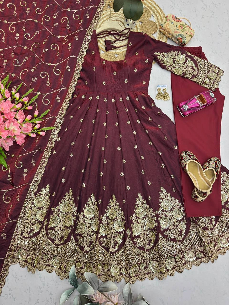 Wine Silk Blend Suit dupatta sequins embroidery flatlay detail KU267