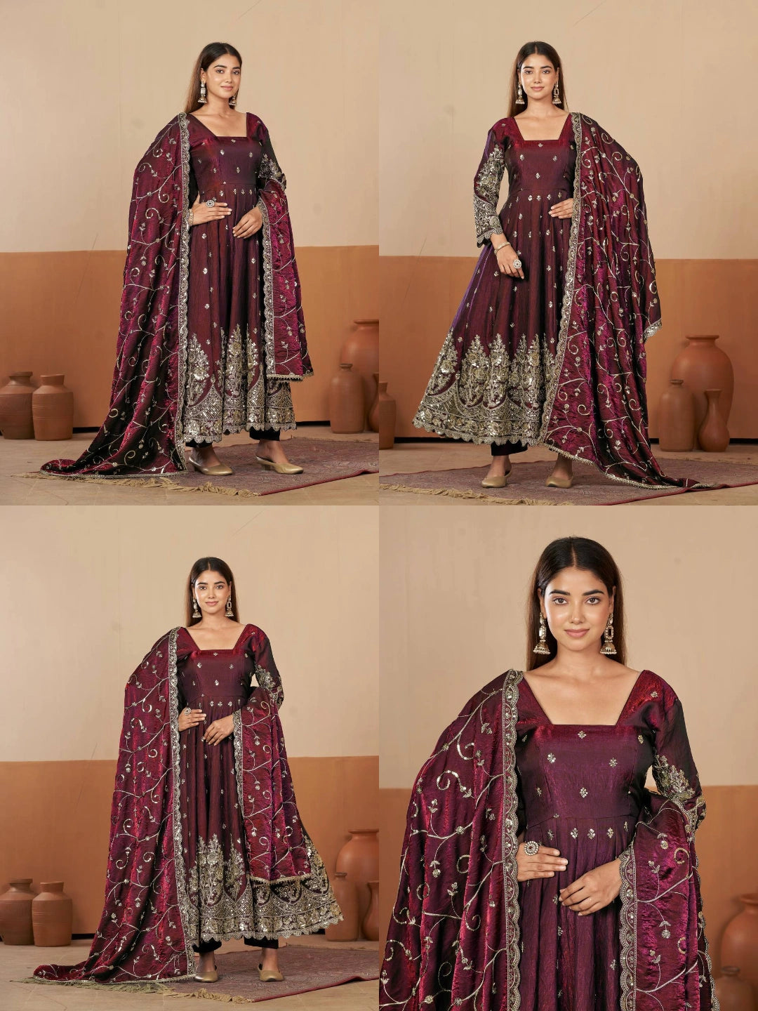 Wine Embroidered Suit complete three piece set flatlay KU267