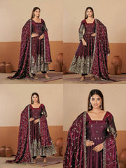 Wine Embroidered Suit complete three piece set flatlay KU267