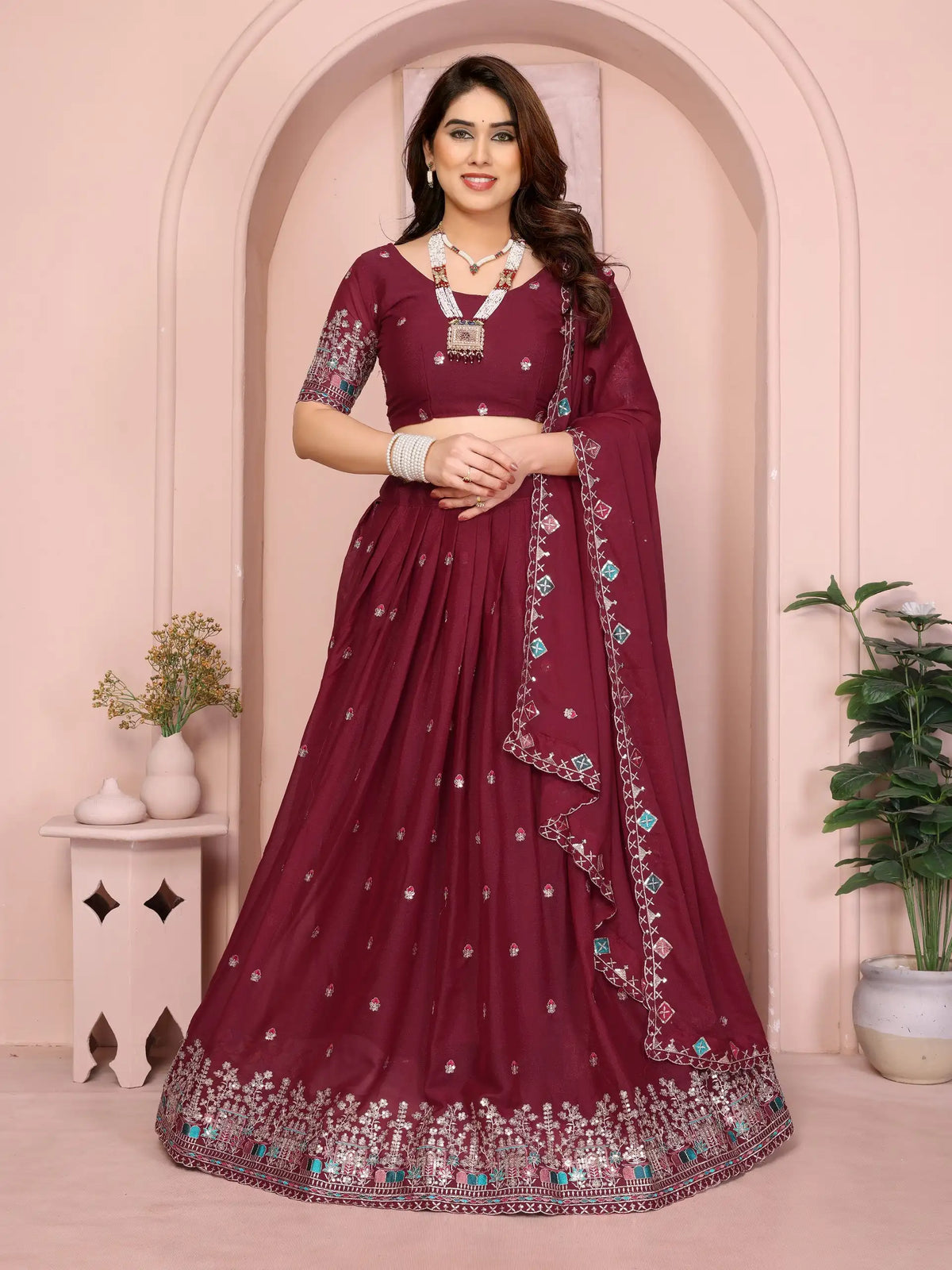 Wine Embroidered Cut Work Lehenga front full view – Kalyanja KL173