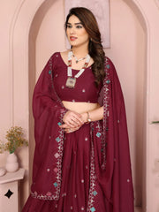Wine Embroidered Lehenga side pose dupatta flair – Kalyanja KL173
