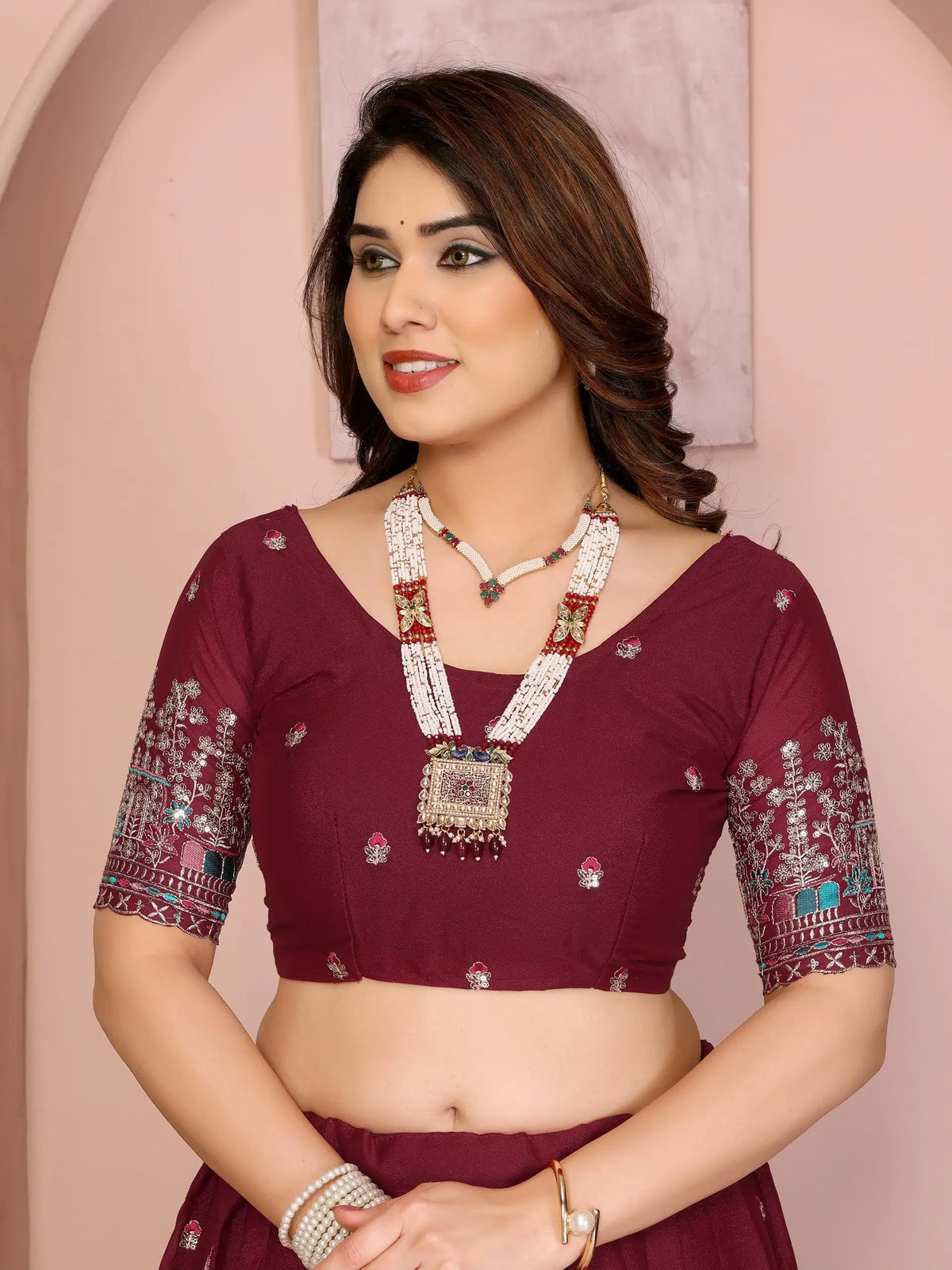 Wine Embroidered Star Georgette Lehenga choli V-neck detail – Kalyanja KL173