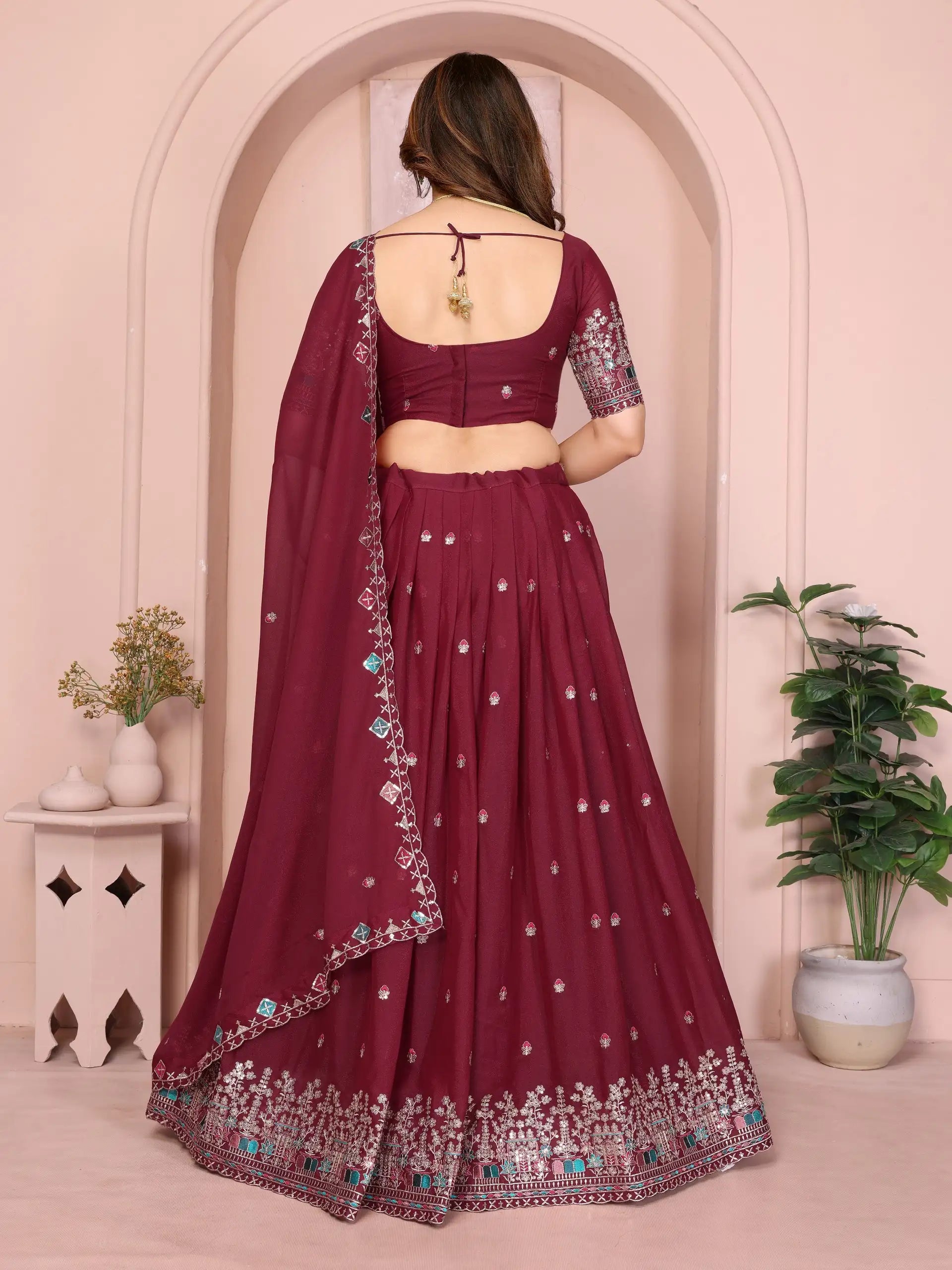 Wine Embroidered Cut Work Lehenga back open dori tie-up – Kalyanja KL173