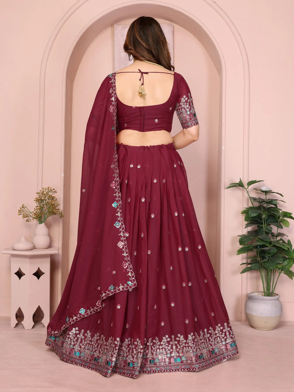 Wine Embroidered Cut Work Lehenga back open dori tie-up – Kalyanja KL173