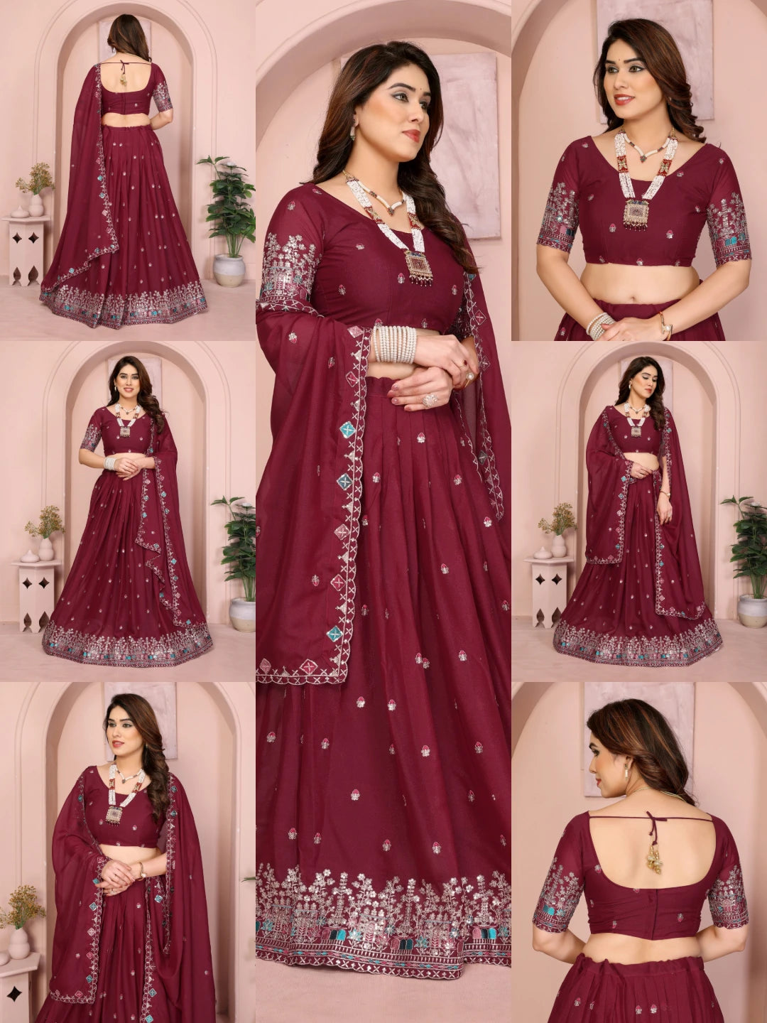 Wine Embroidered Cut Work Lehenga product collage – Kalyanja KL173