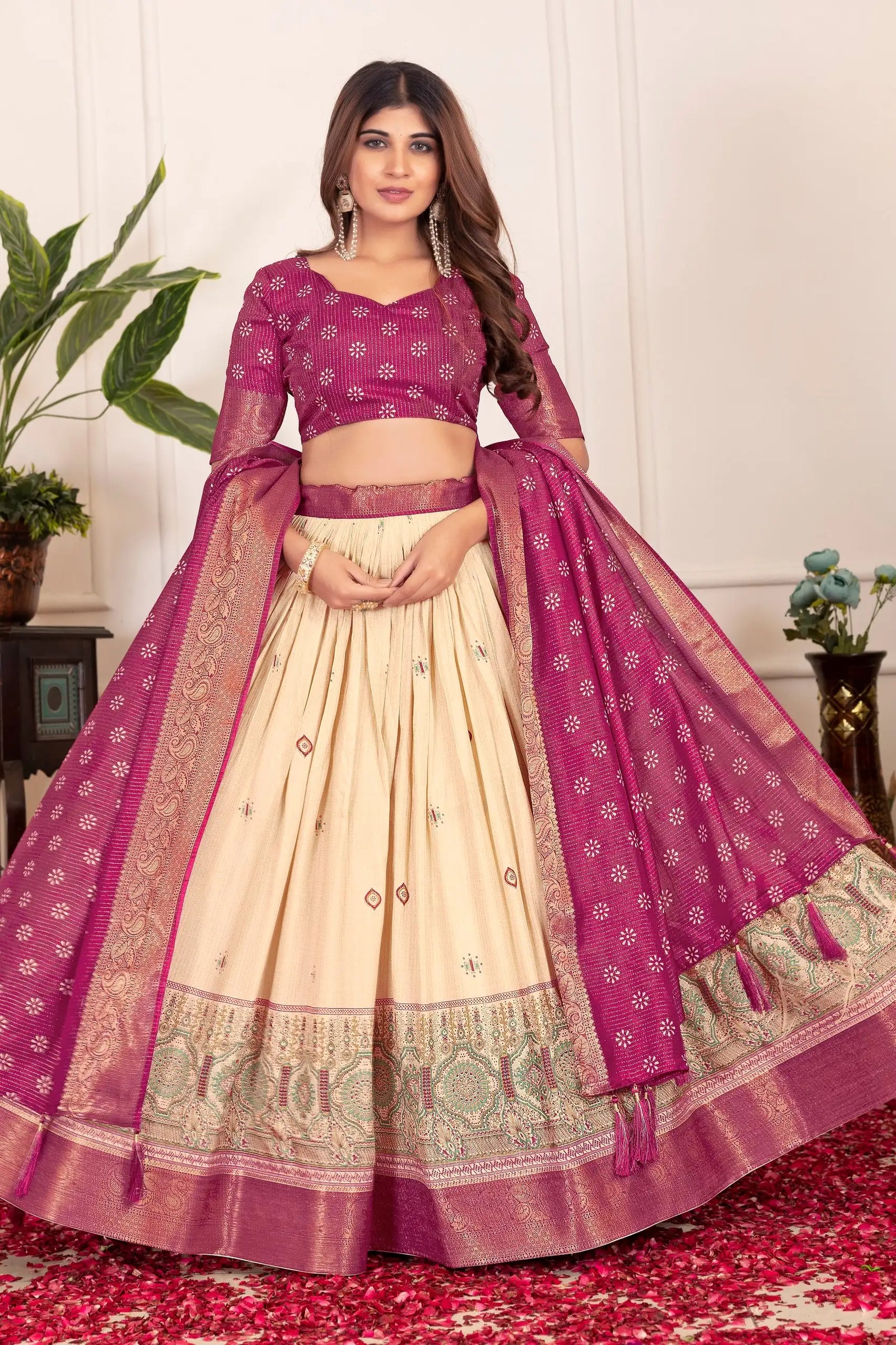 Wine Tussar Silk Blend Lehenga angled pose with dupatta – Kalyanja KL162