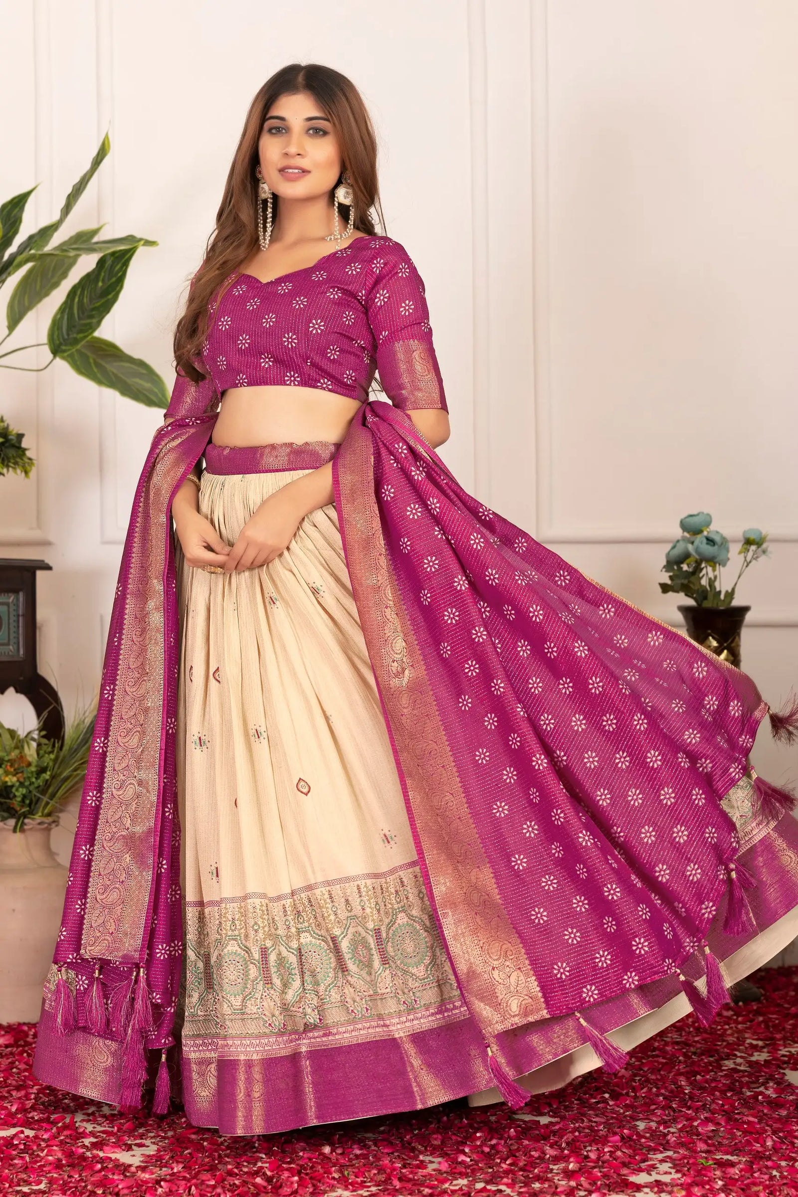 Wine Floral Foil Work Lehenga flared skirt view – Kalyanja KL162