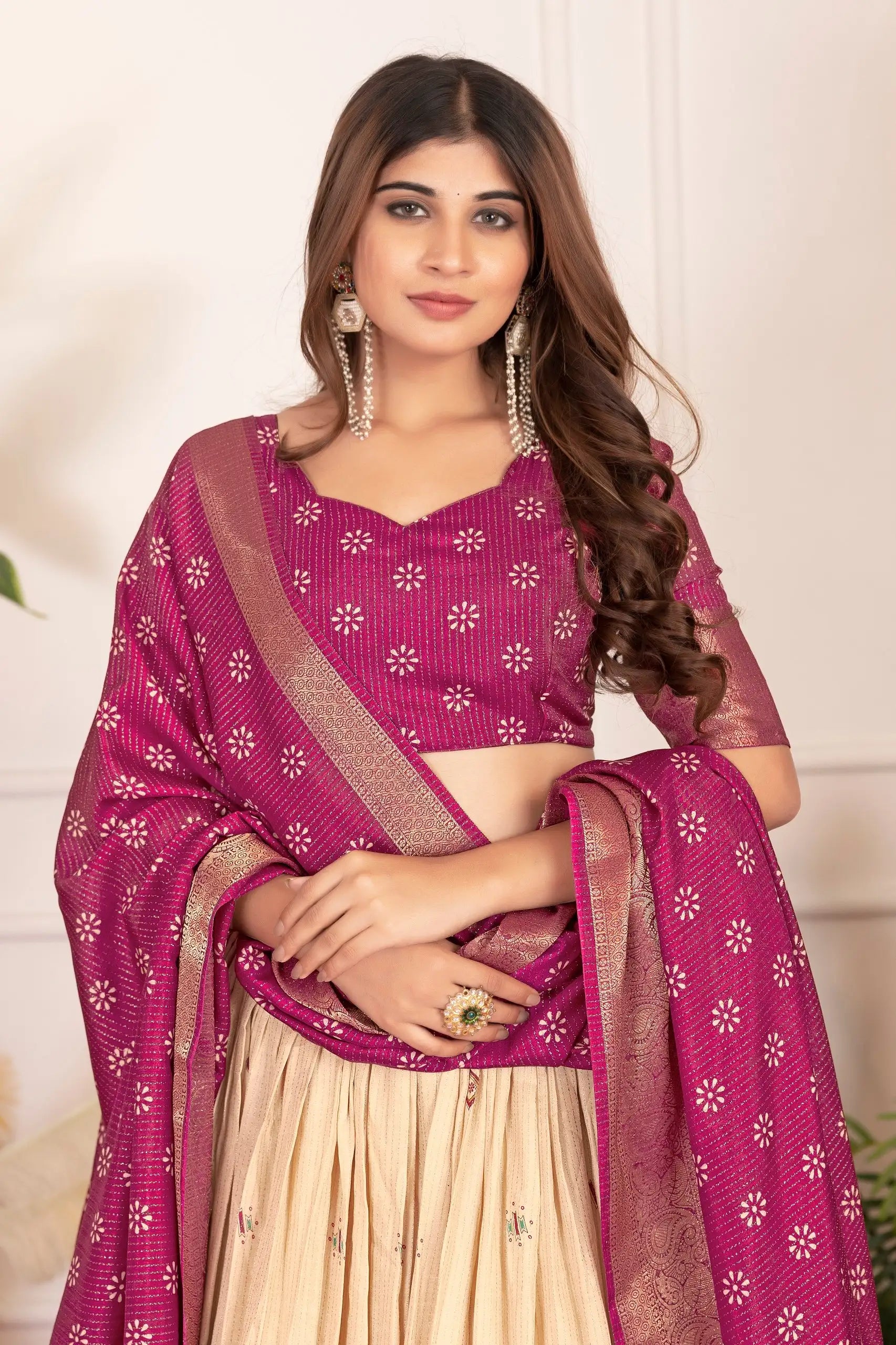 Wine Floral Foil Work Lehenga choli V-neck close-up – Kalyanja KL162