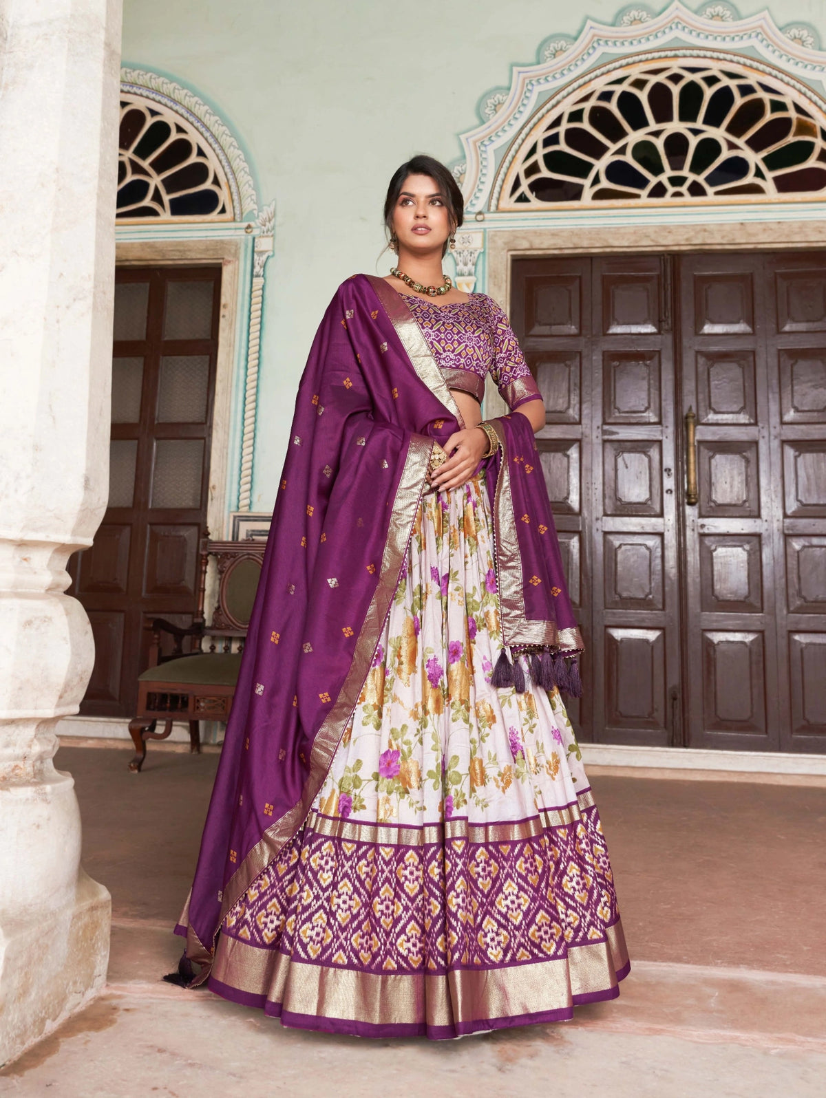 Wine Floral Lehenga standing portrait view – KL182 Kalyanja