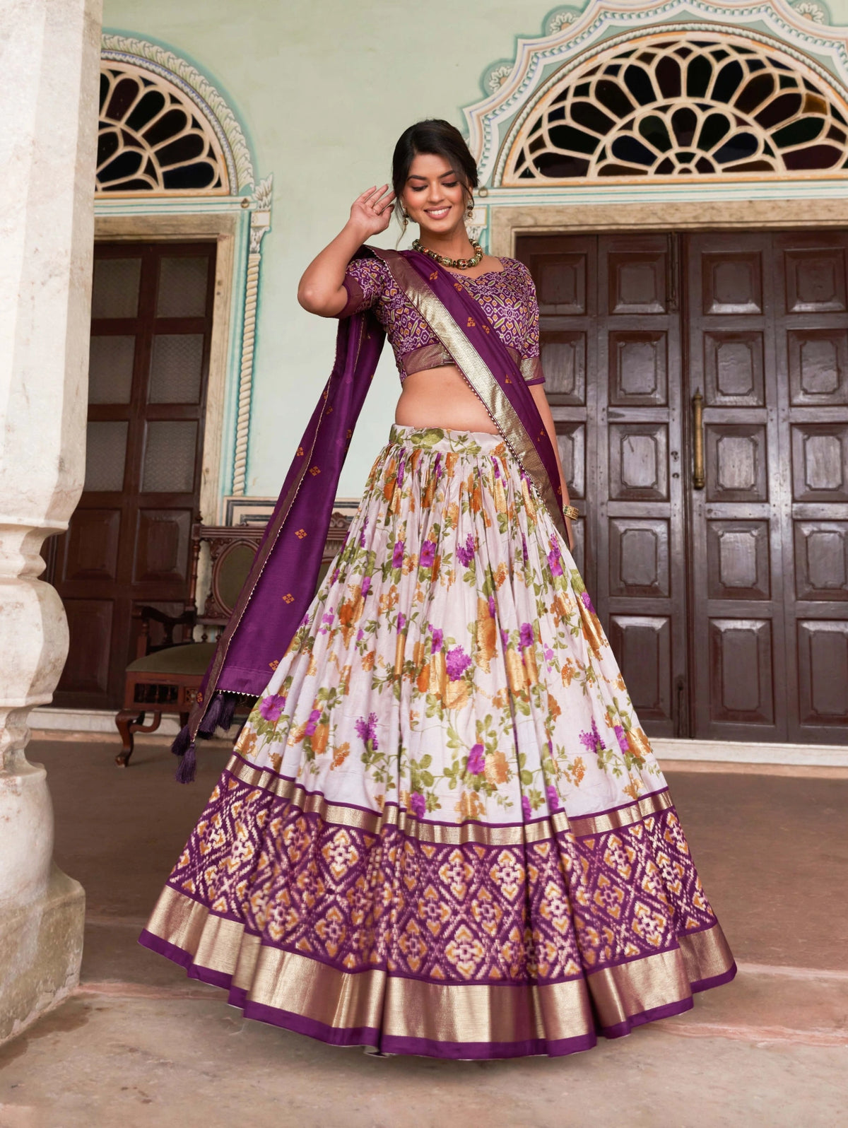 Wine Tussar Silk Floral Print Lehenga full length – KL182 Kalyanja