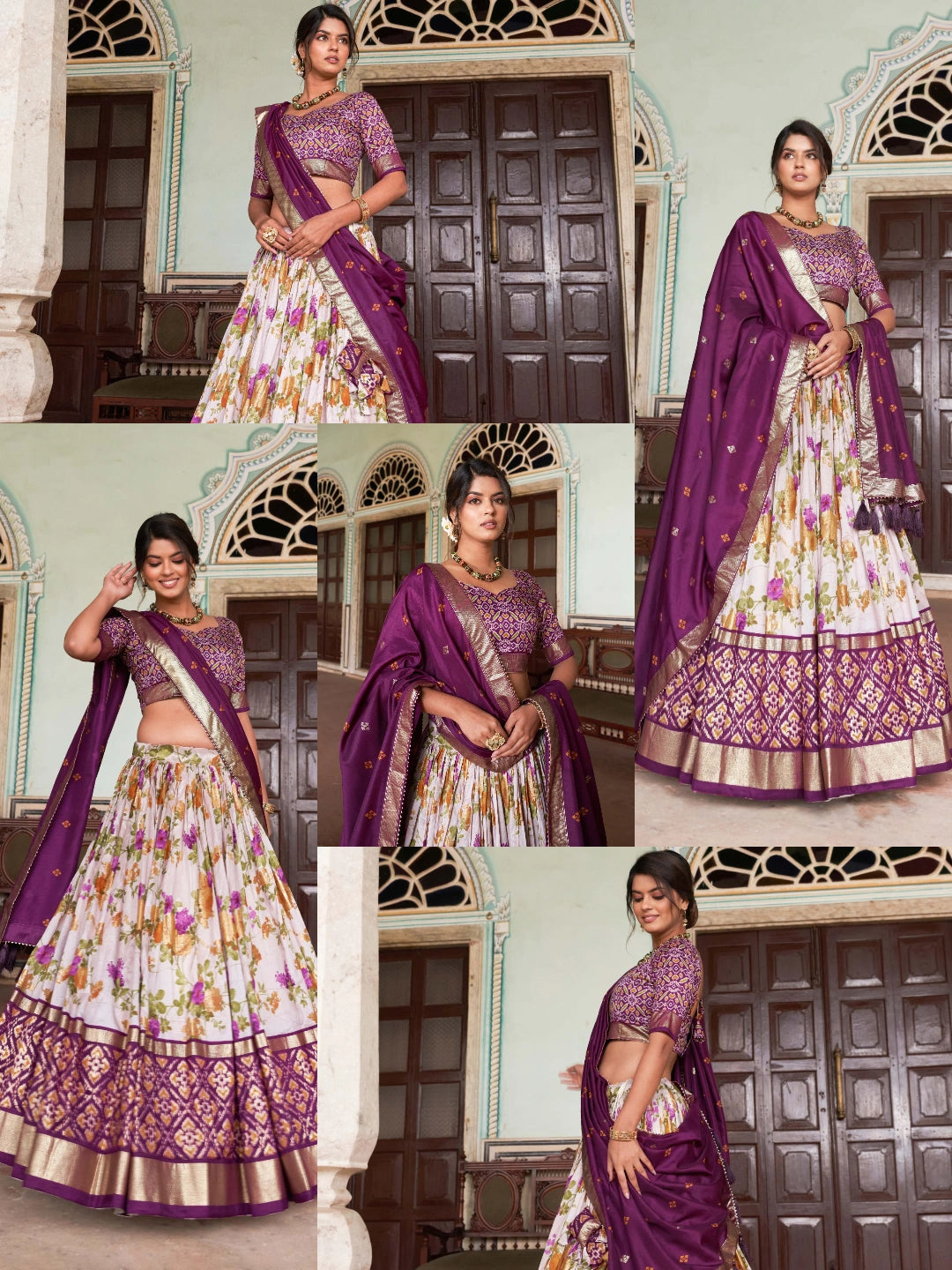 Wine Floral Print Lehenga collage multiple views – KL182 Kalyanja