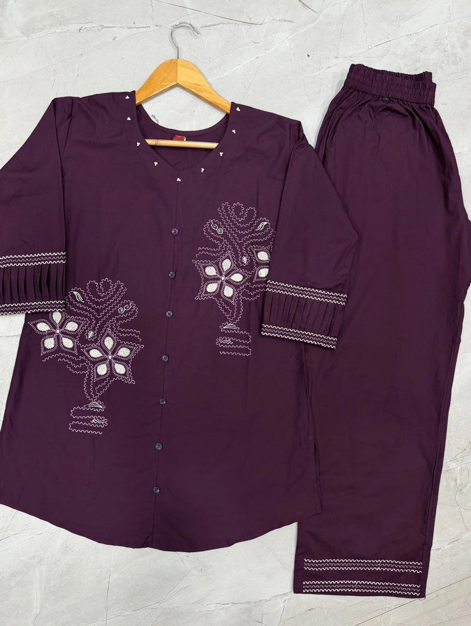 Wine Multi Thread Embroidered Coord Set – Flat Lay Floor View – KC11