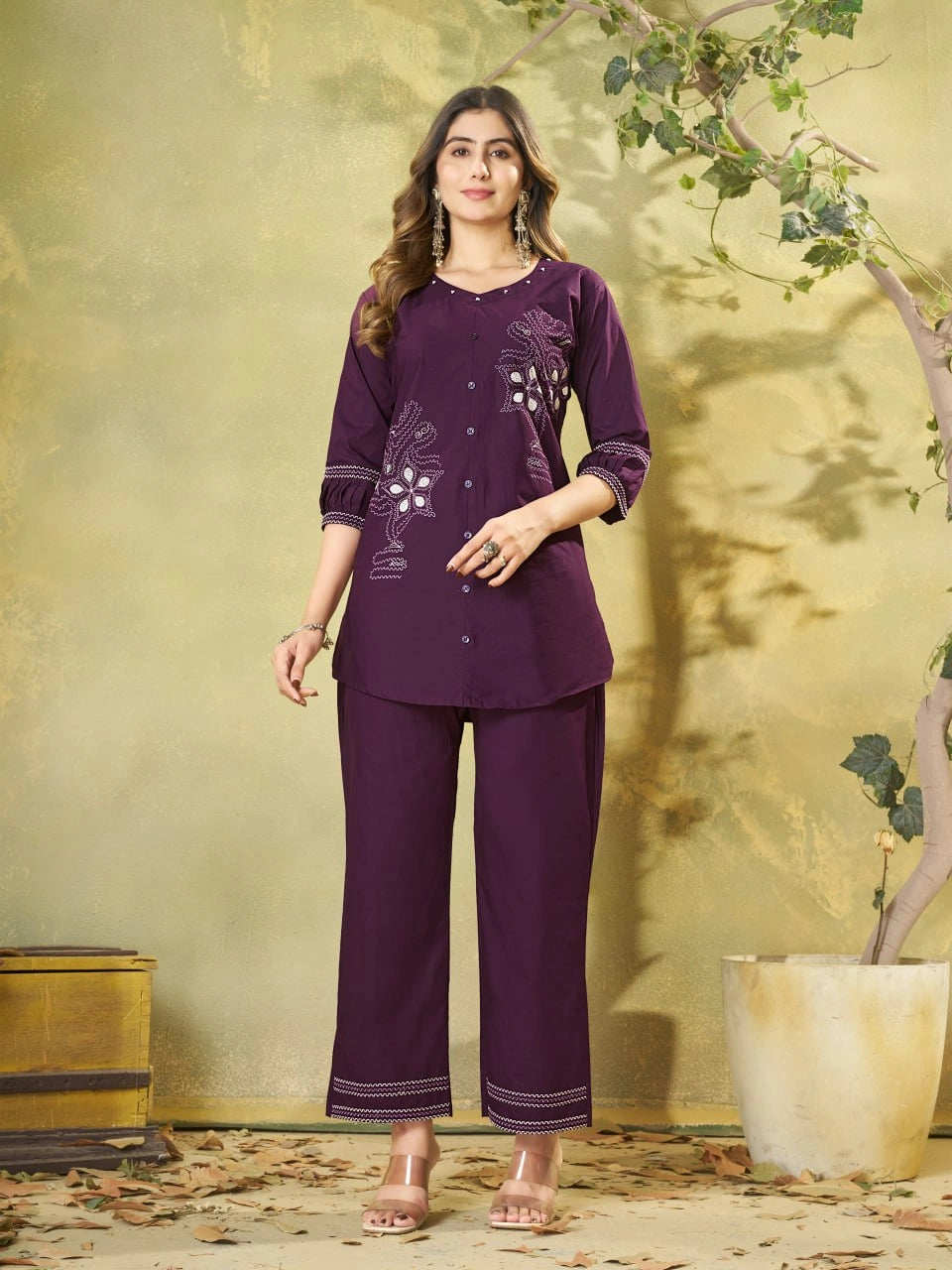 Wine Multi Thread Embroidered Coord Set – Front Full Length View – KC11