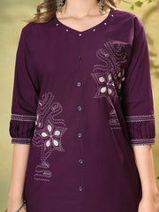 Wine Multi Thread Embroidered Coord Set – Both Embroidery Motifs Front – KC11