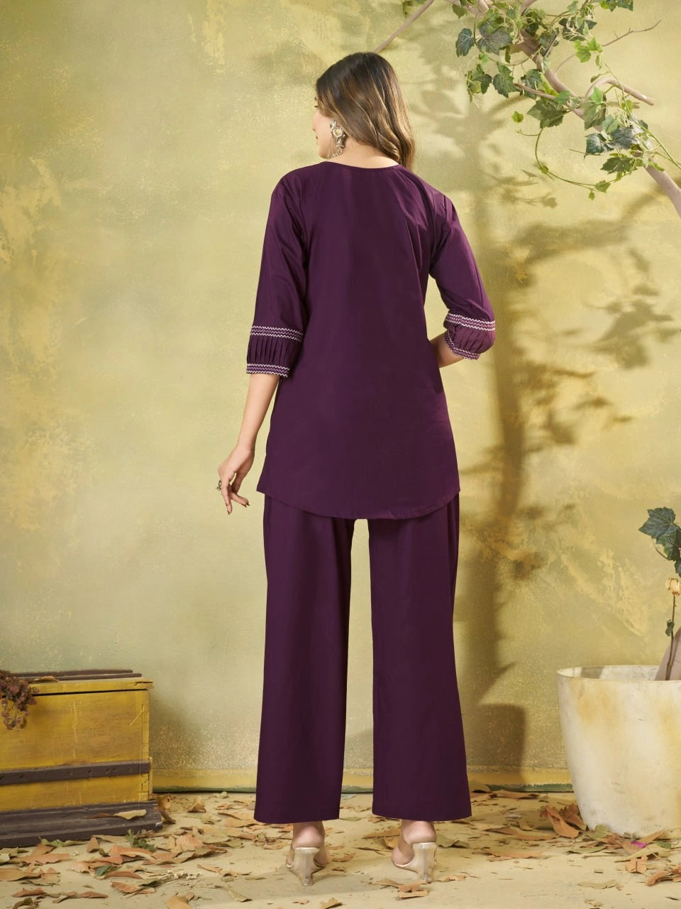 Wine Multi Thread Embroidered Coord Set – Back View Full Length – KC11