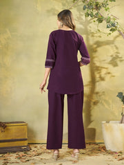 Wine Multi Thread Embroidered Coord Set – Back View Full Length – KC11