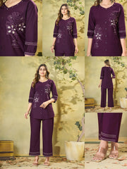 Wine Multi Thread Embroidered Coord Set – Multi Panel Collage – KC11