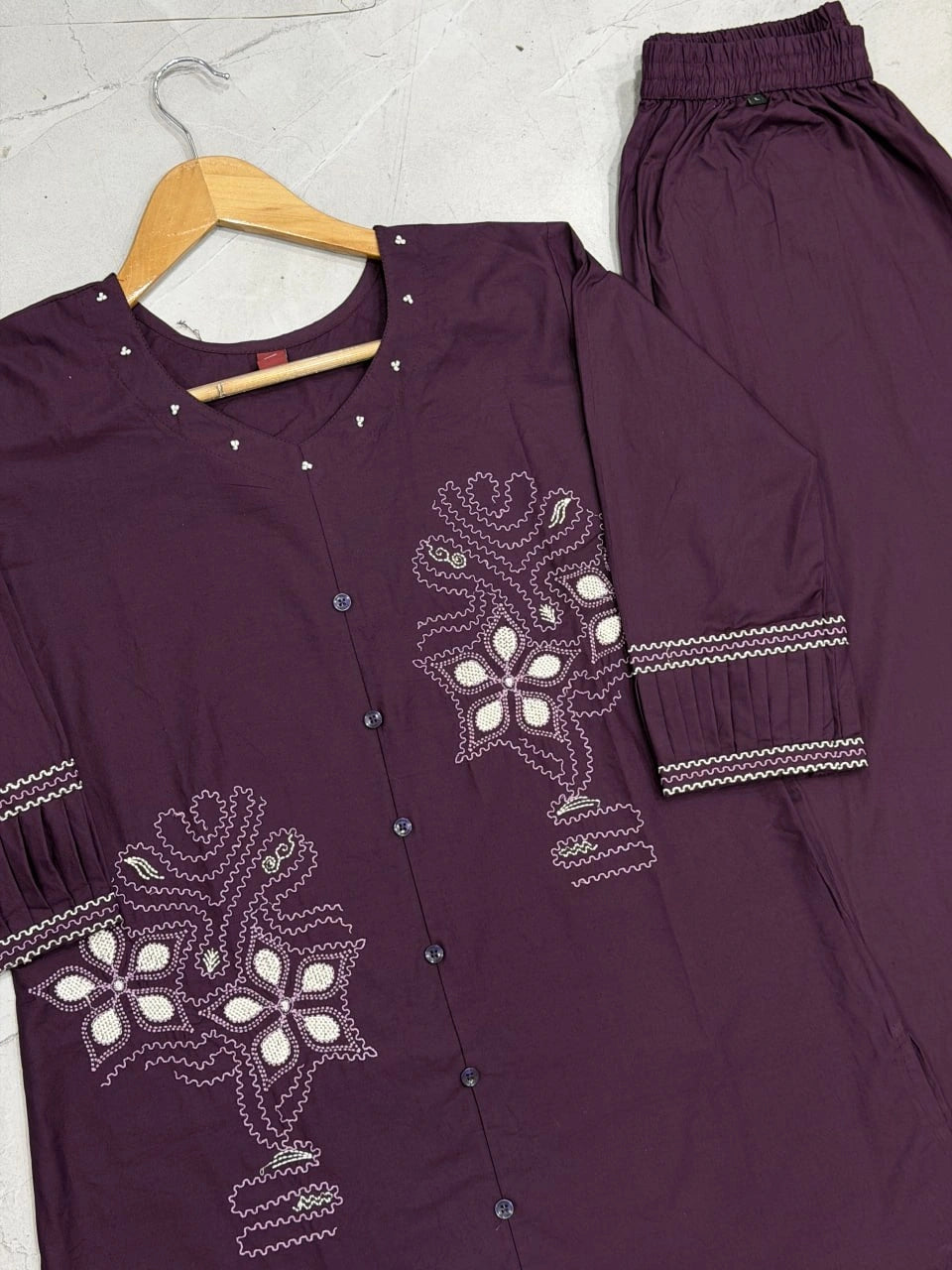 Wine Coord Set – Flat Lay Hanger View – Cotton Blend – KC11