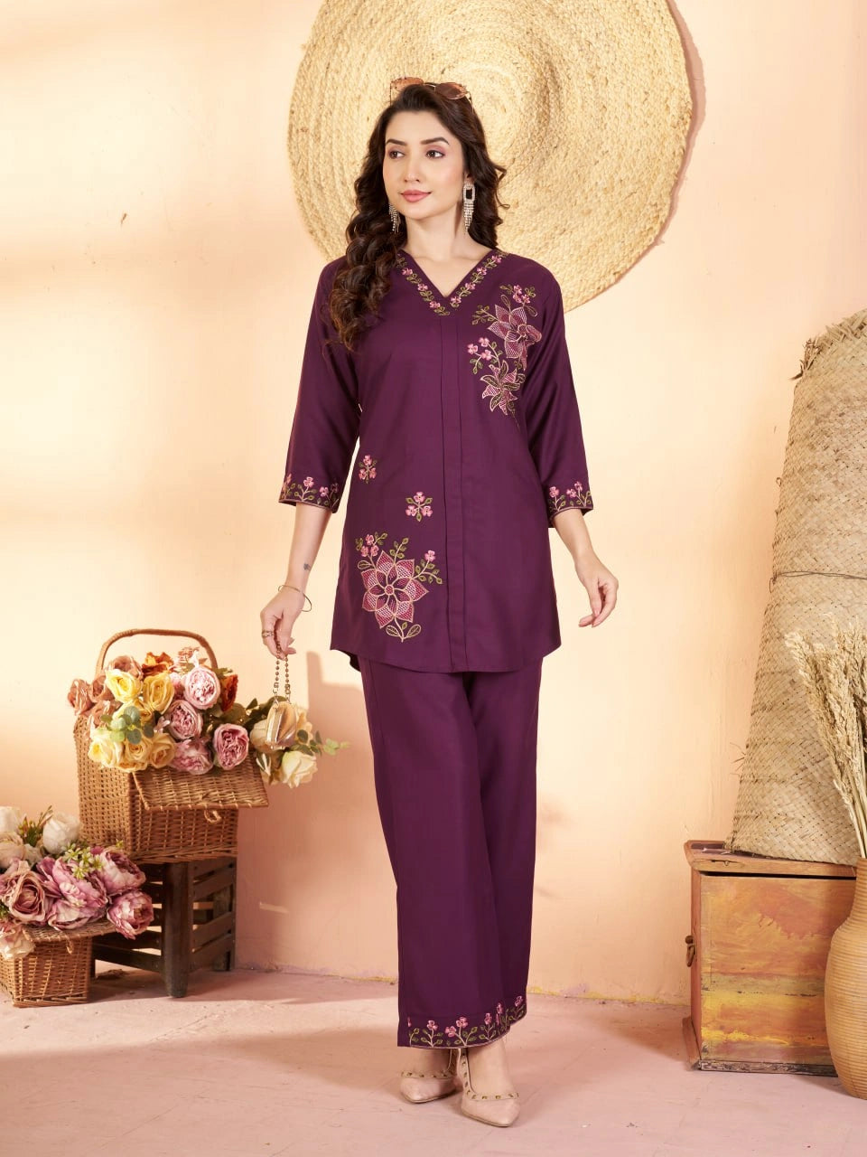 wine multi thread embroidered coord set kalyanja kc12 front full model