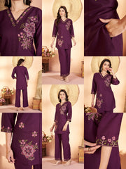 wine multi thread embroidered rayon coord set kalyanja kc12 all angles catalog