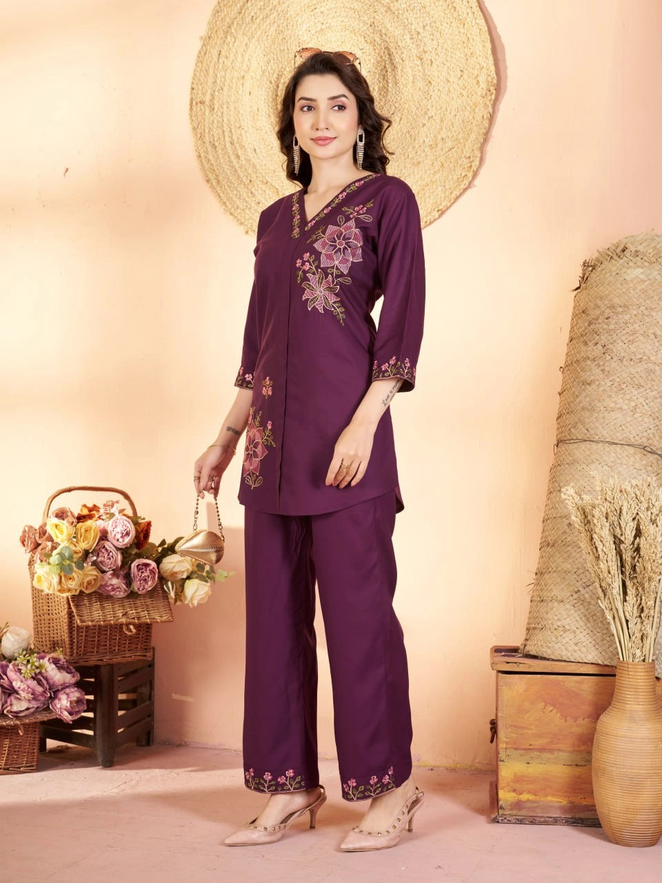 wine multi thread embroidered coord set kalyanja kc12 full front alt angle