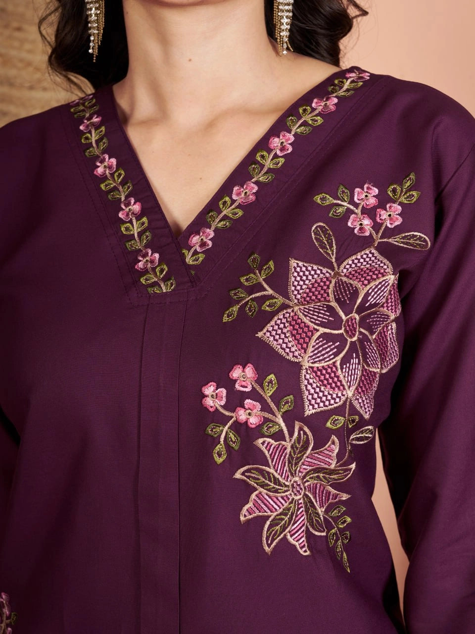 wine multi thread embroidered coord set kalyanja kc12 vneck embroidery close up