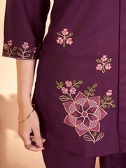 wine multi thread embroidered coord set kalyanja kc12 side floral embroidery detail