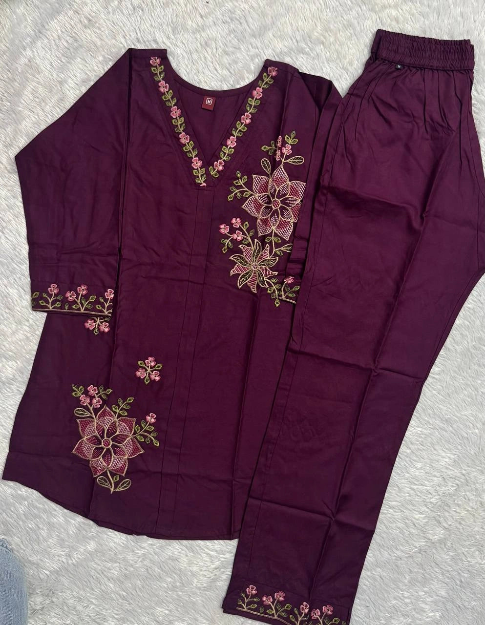 wine multi thread embroidered coord set kalyanja kc12 flat lay top and pant