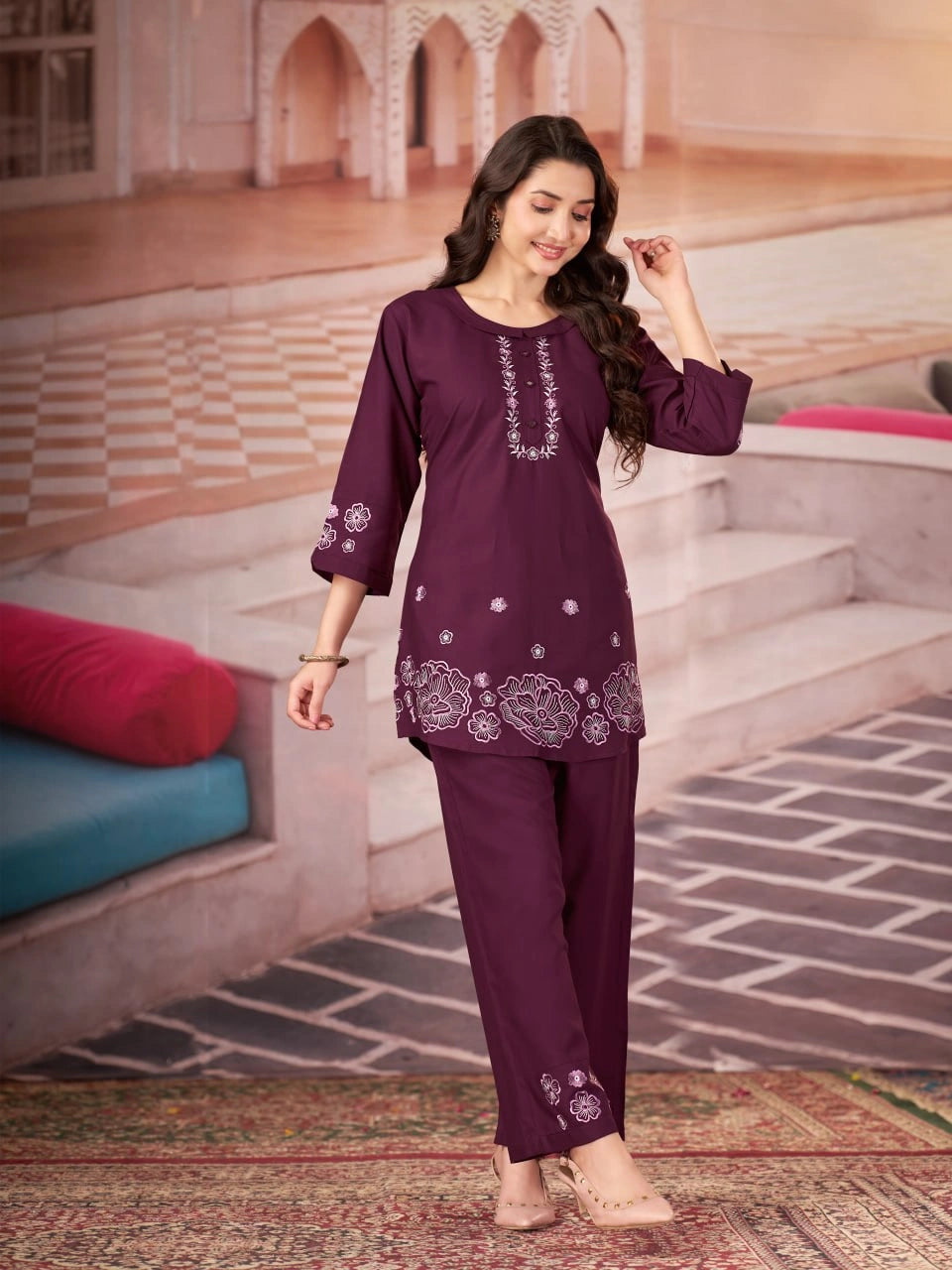 wine multi thread embroidered coord set kalyanja kc13 front full model