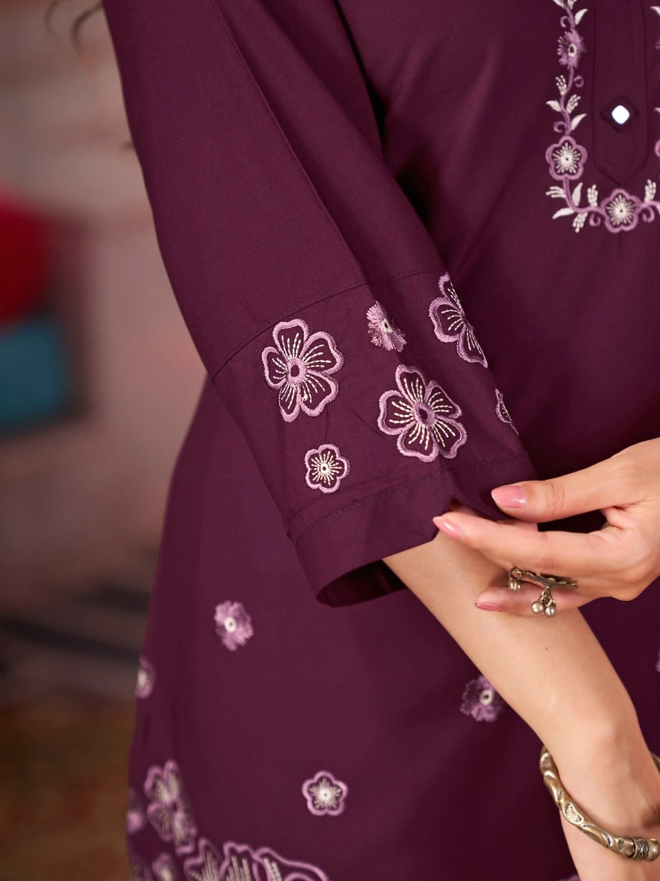 wine multi thread embroidered coord set kalyanja kc13 round neck close up