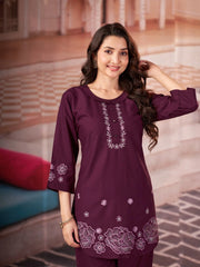 wine multi thread embroidered coord set kalyanja kc13 full body side angle