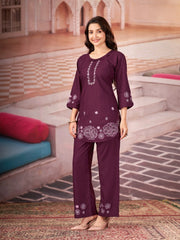 wine multi thread embroidered coord set kalyanja kc13 body embroidery detail