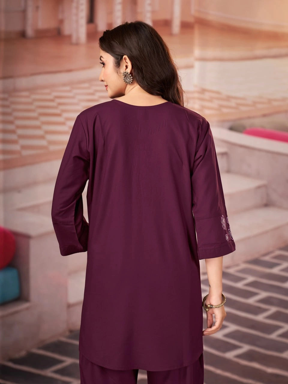 wine multi thread embroidered coord set kalyanja kc13 back view upper body