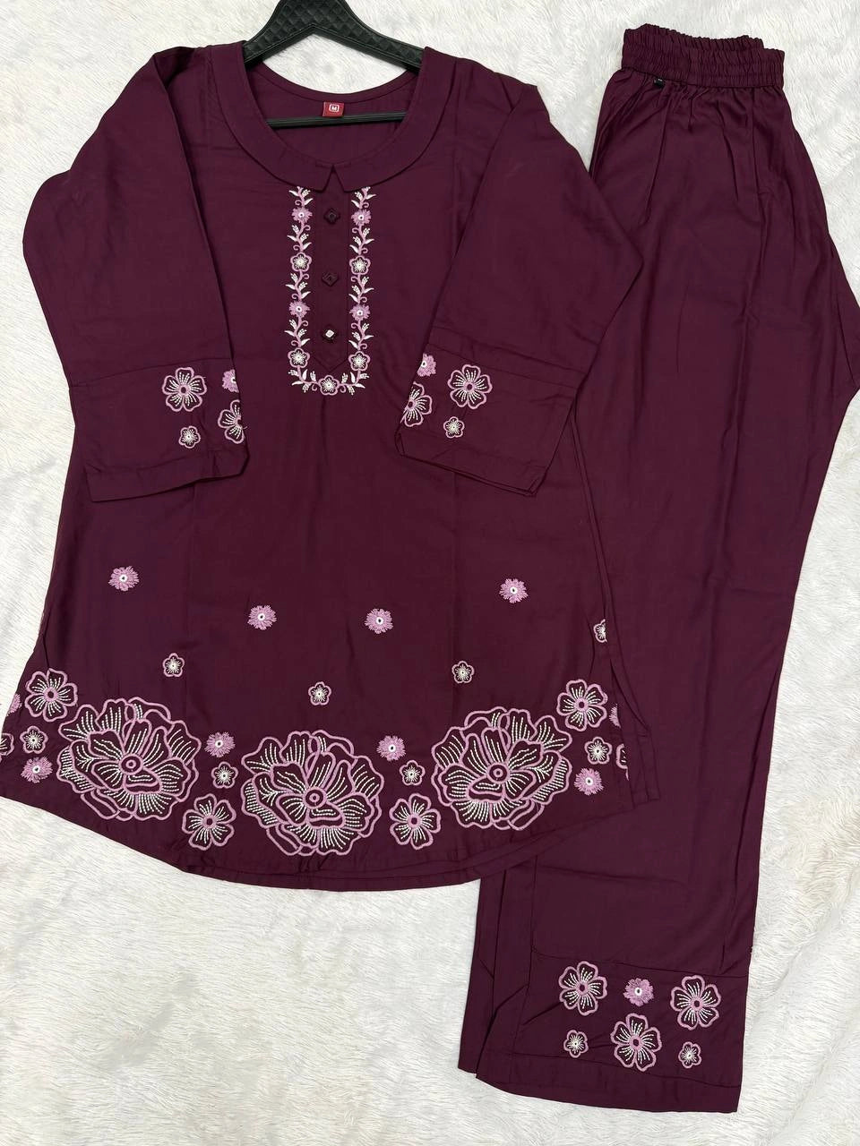 wine multi thread embroidered coord set kalyanja kc13 flat lay top and pant