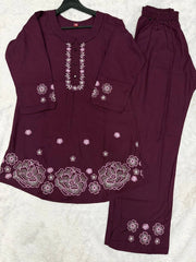wine multi thread embroidered coord set kalyanja kc13 flat lay top and pant