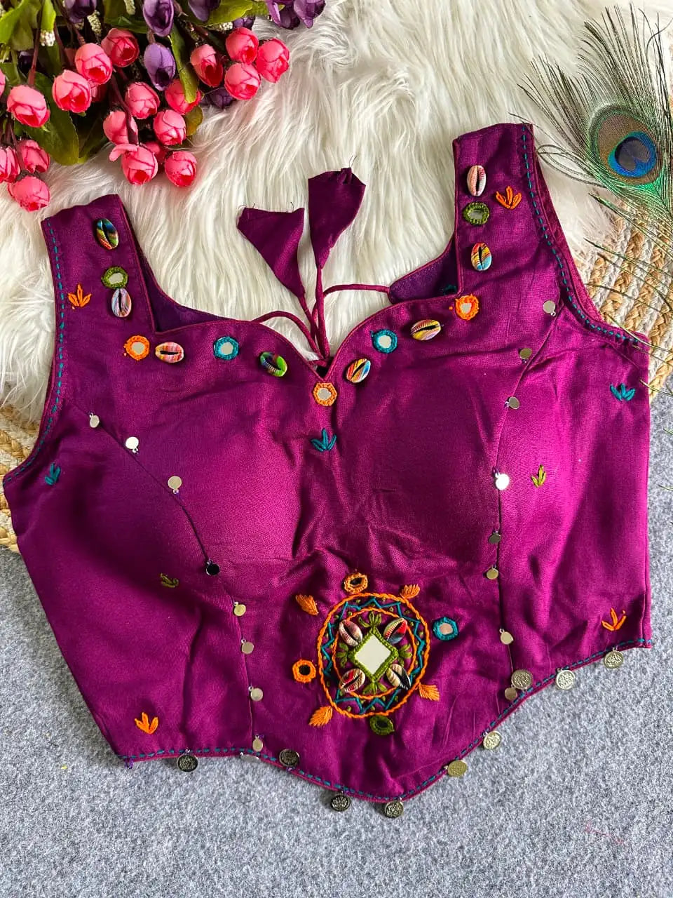 Wine Multi Thread Mirror Work Blouse – front flat lay showing sweetheart neckline, cowrie shells and mirror embellishments