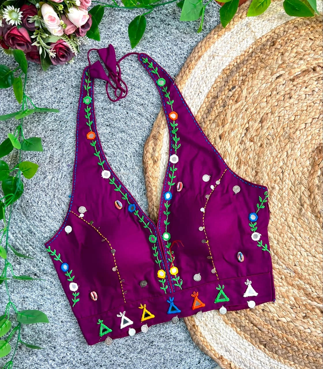Wine Multi Thread with Mirror Work Blouse – Kalyanja KB44