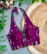 Wine Multi Thread with Mirror Work Blouse – Sleeveless V-Neck Cotton Blend