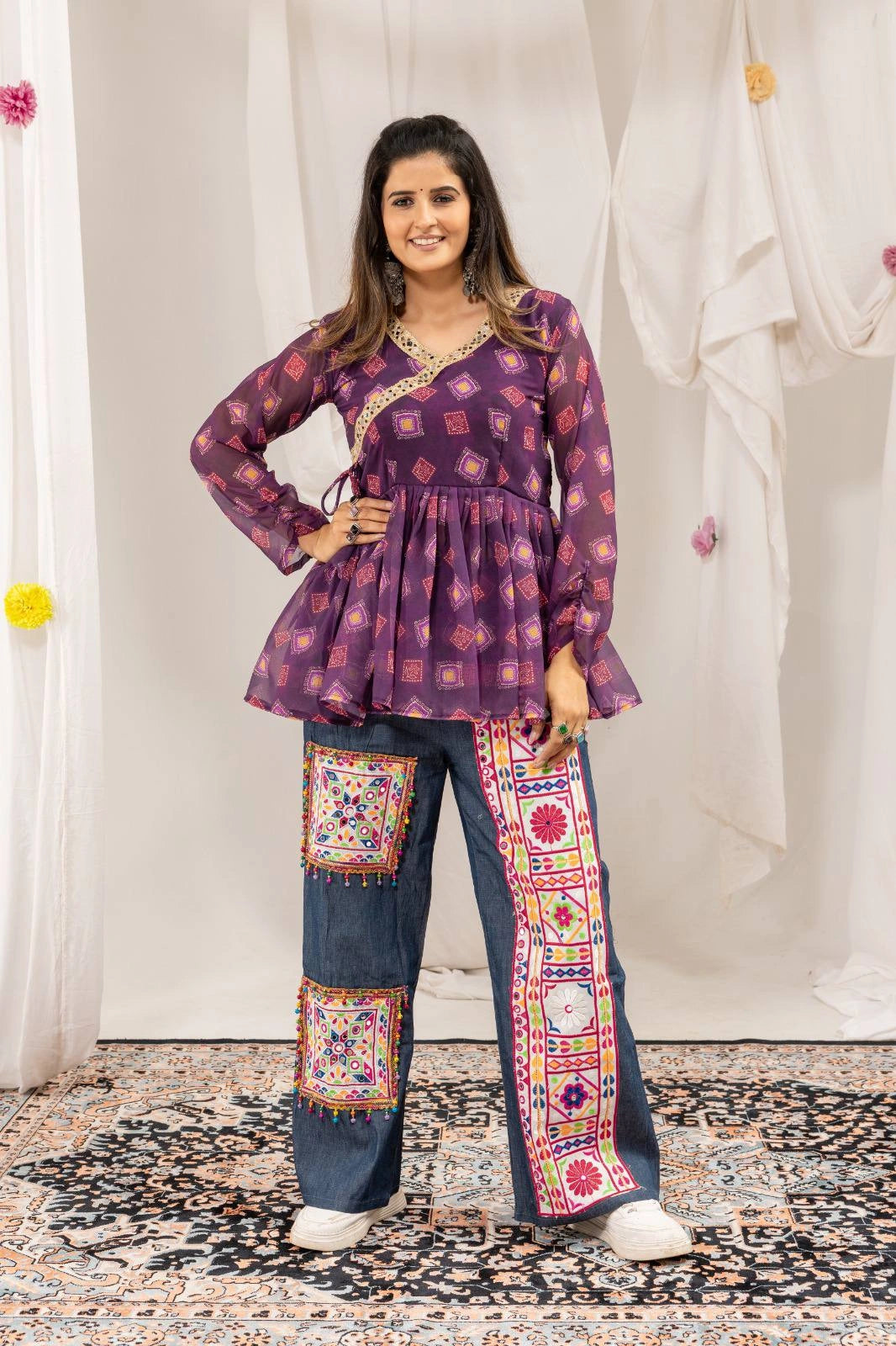Wine Purple Embroidered Coord Set Faux Georgette Kediya Mirror Ghughari Work Kalyanja KC16