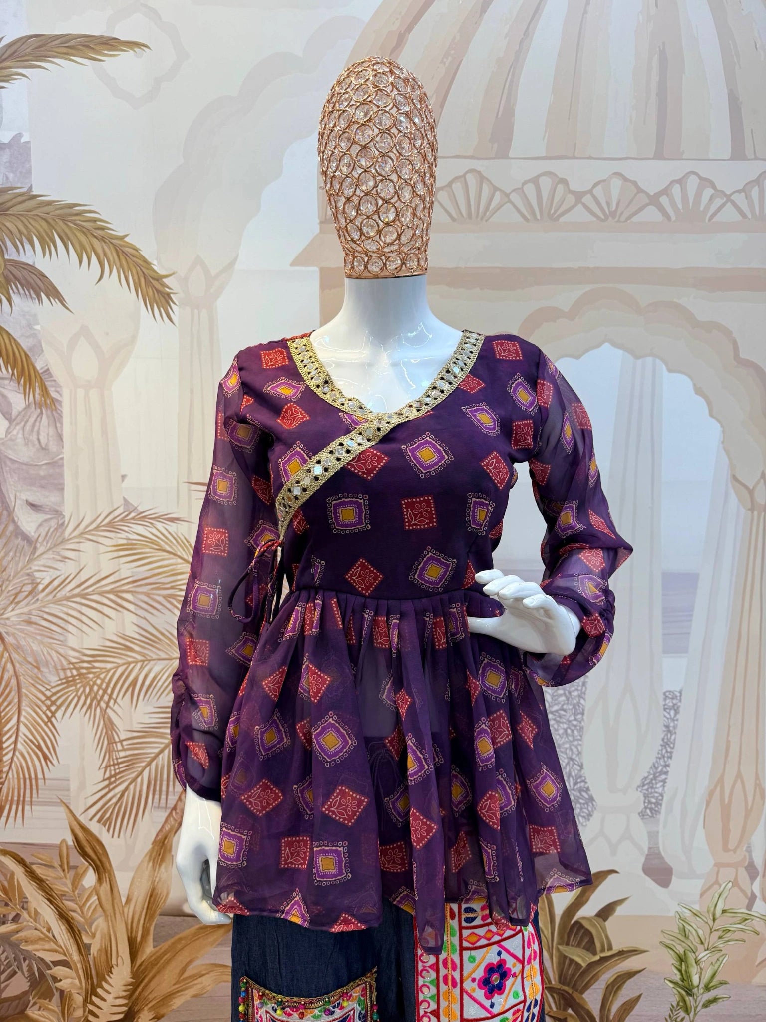 Wine Purple Kediya Top Mannequin Close Up V-Neck Mirror Trim Kalyanja KC16