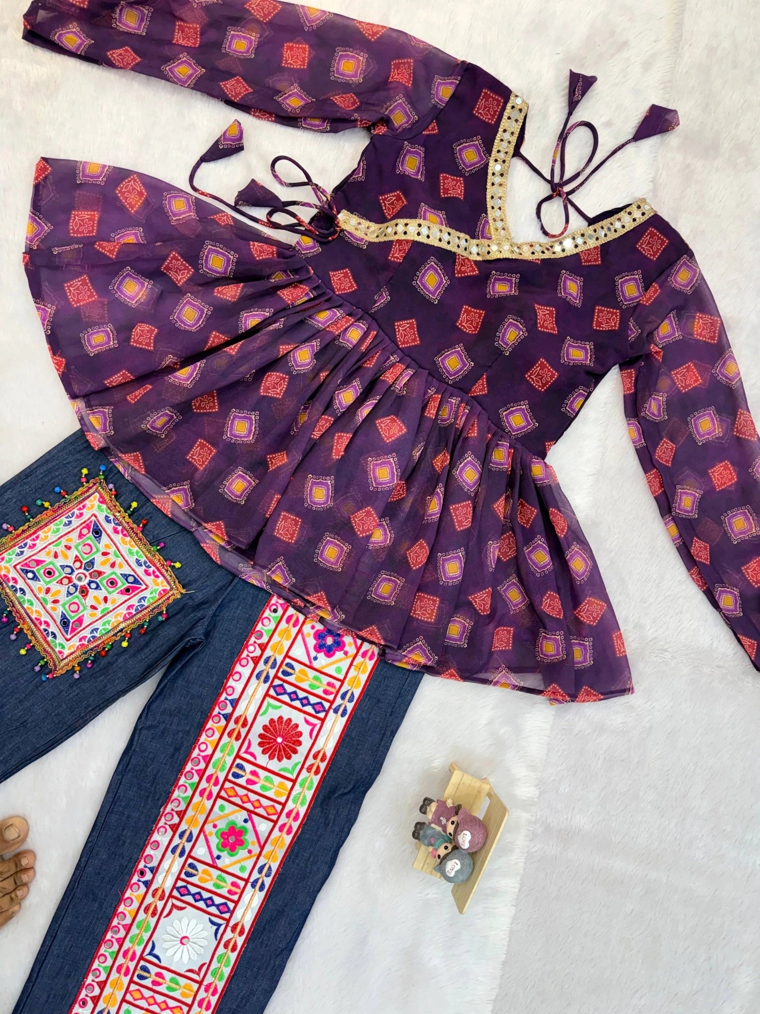 Bandhani Faux Georgette Kediya Ghughari Jeans Flat Lay Kalyanja KC16