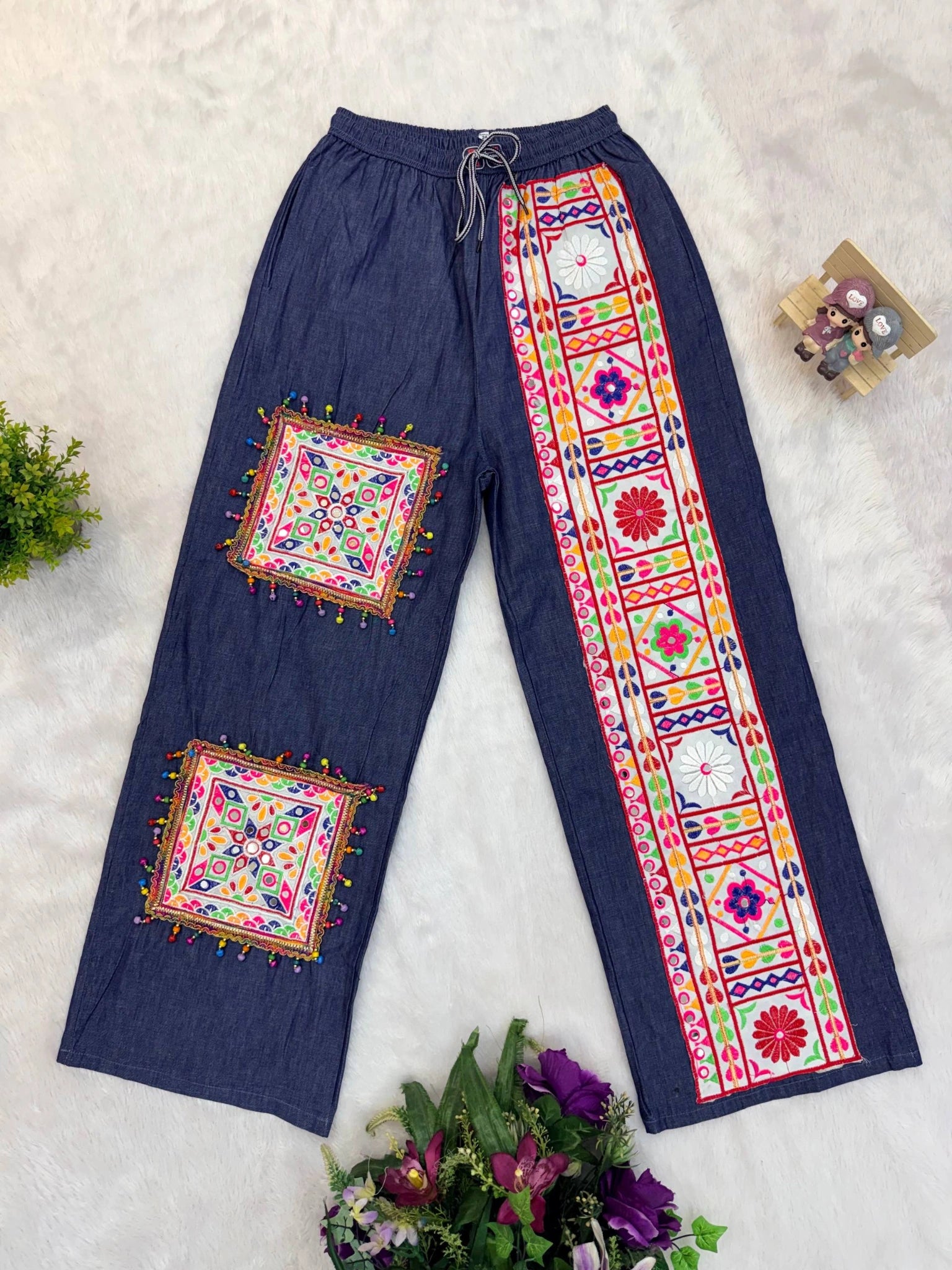 Ghughari Embroidered Denim Jeans Flat Lay Detail Kalyanja KC16
